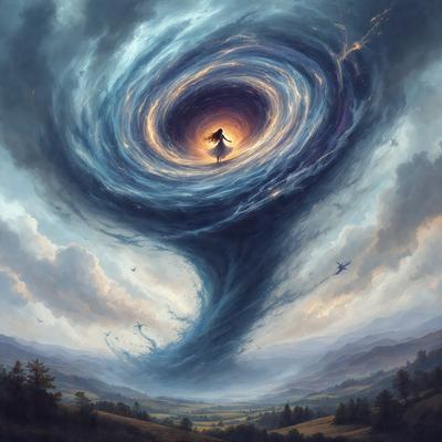 The primary subject of the image is a woman riding a horse in the middle of a whirlpool. The scene takes place in a picturesque landscape with a valley and a forest in the background. The visual style of the image is a combination of digital art and illustration, creating a surreal and captivating atmosphere. The dominant colors in the image are blue and purple, which contribute to the overall mood of the scene.